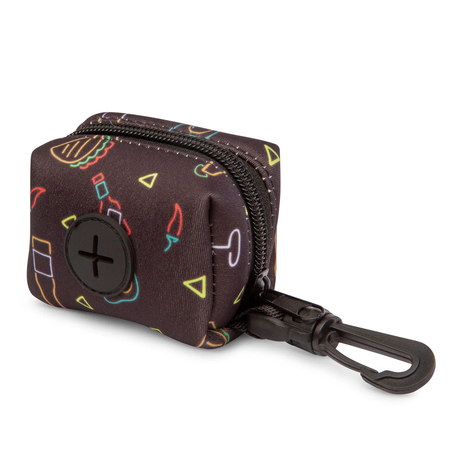Compact black neoprene dog waste bag holder featuring colorful geometric patterns, designed to clip onto leashes.