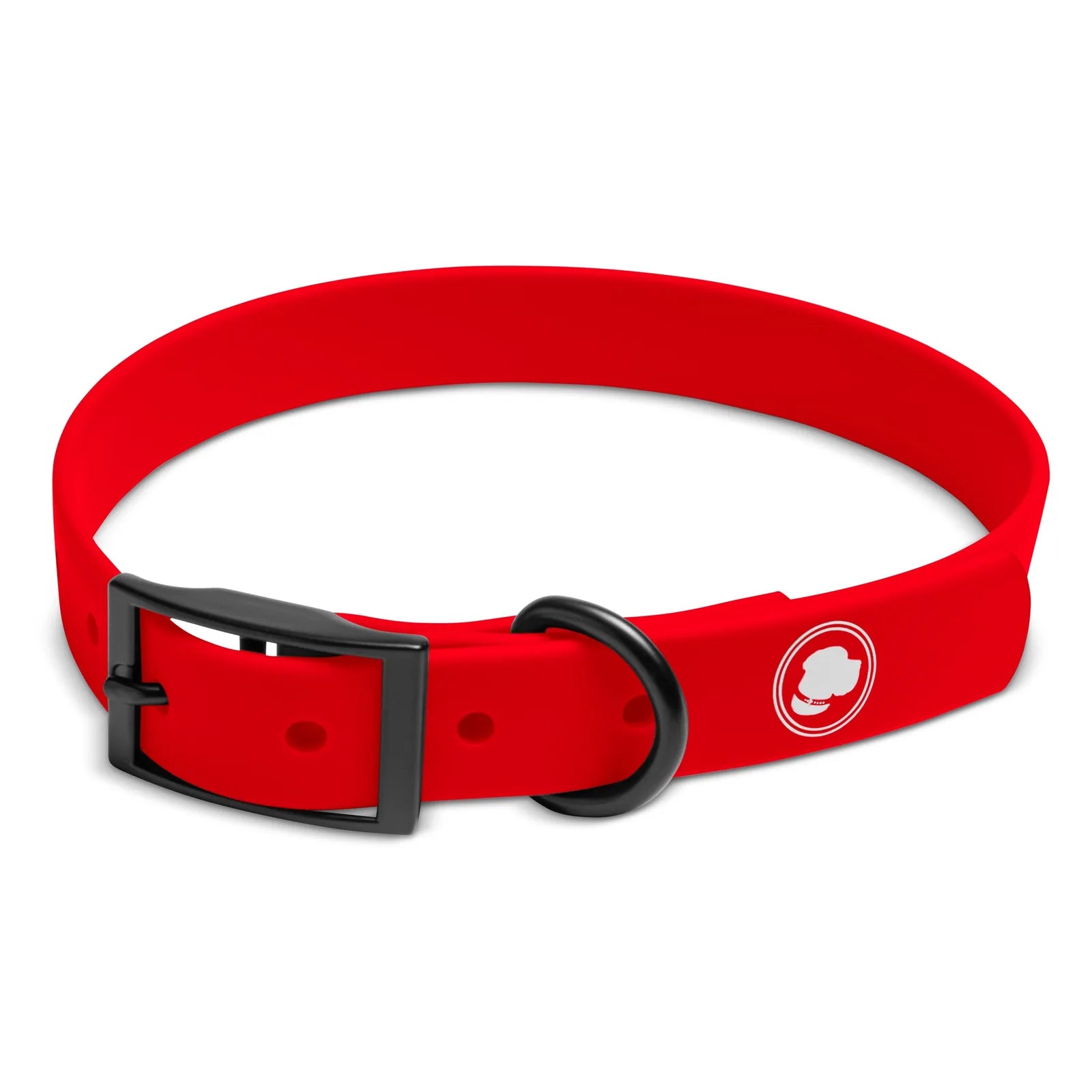 Ruby red adjustable dog collar with a black buckle and circular logo, designed for all-weather use.