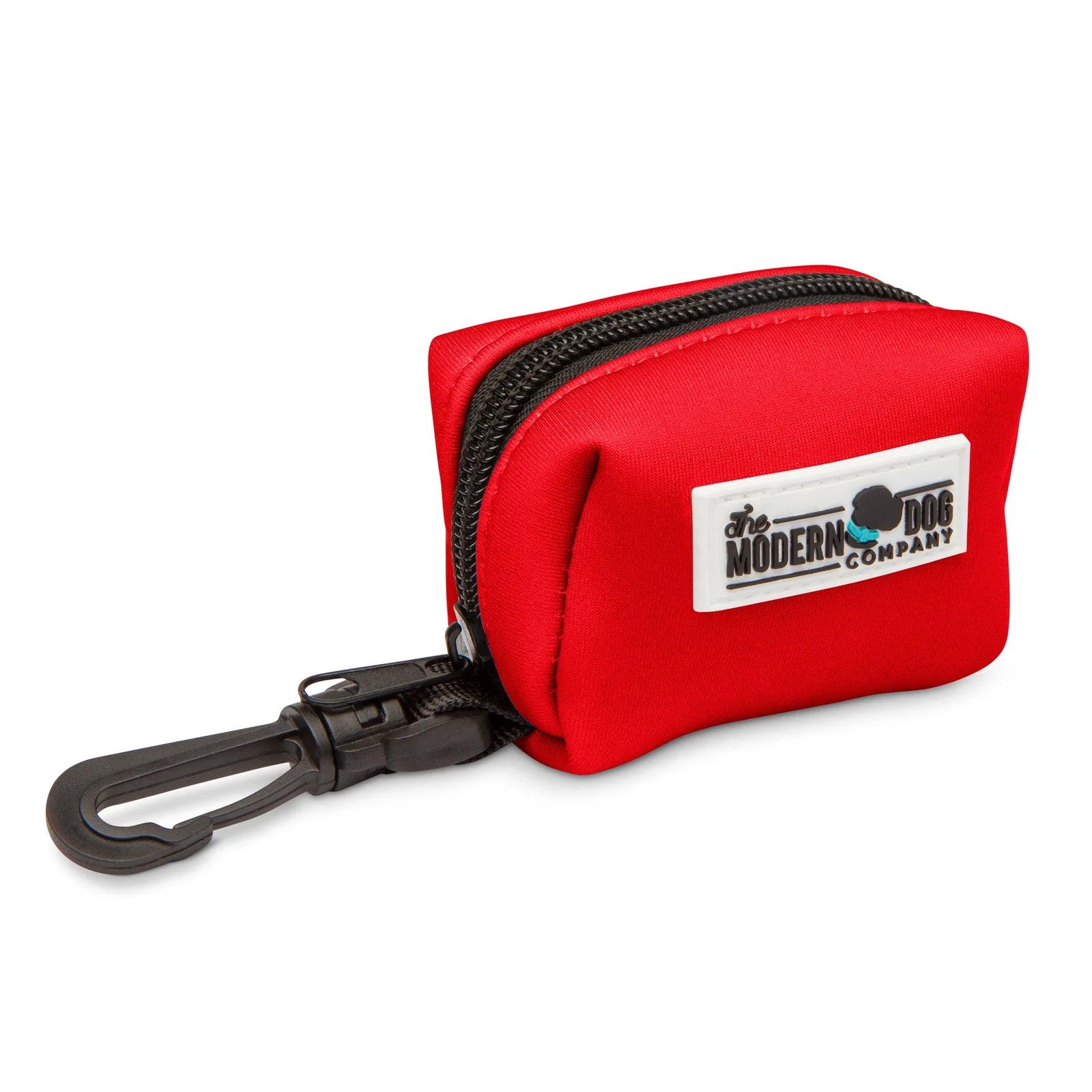 Compact ruby red neoprene dog waste bag holder with a zipper and clip for easy attachment to leashes.