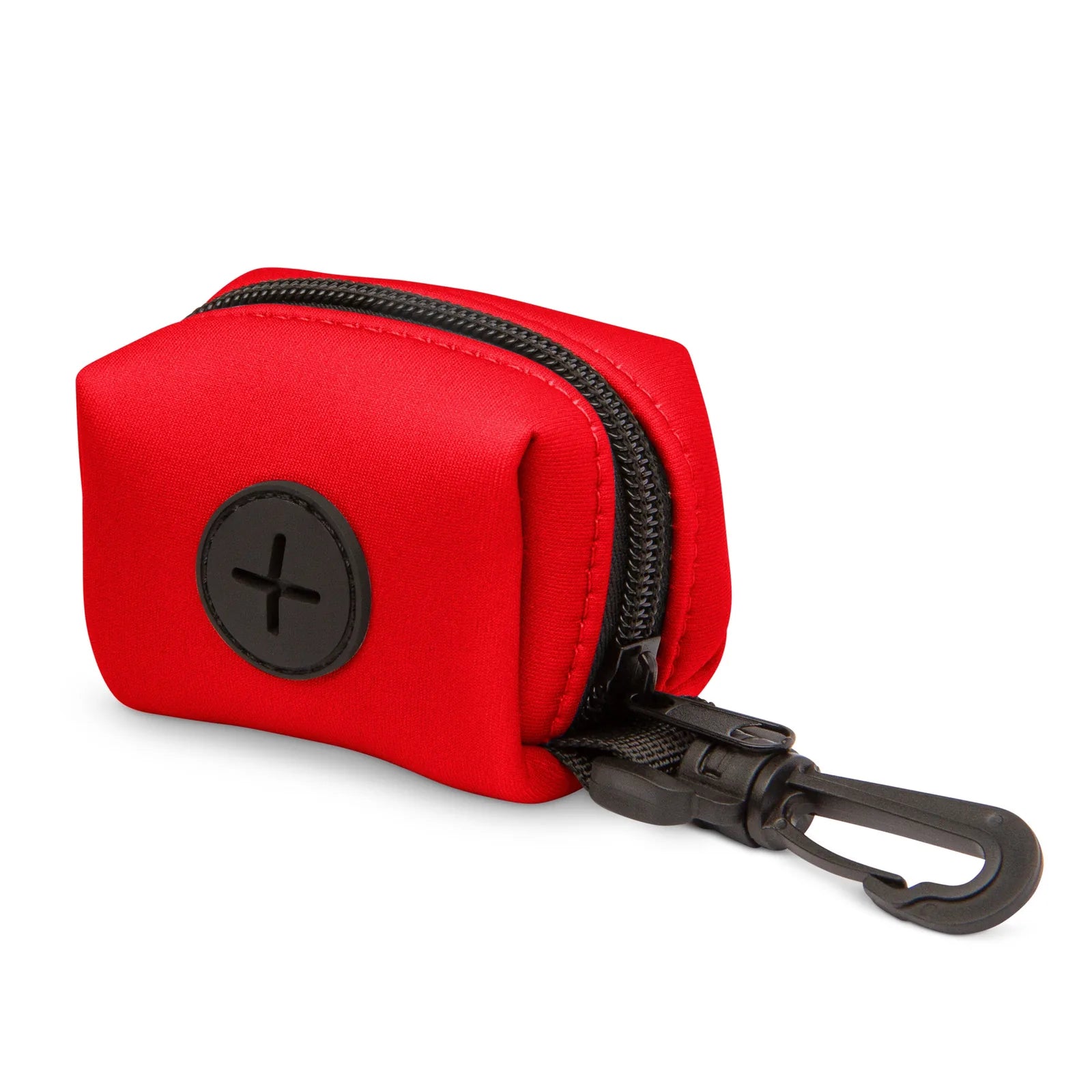 Bright ruby red neoprene dog waste bag holder with a black zipper and clip, designed for easy access during walks.