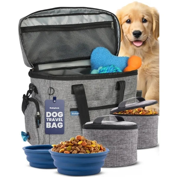Grey dog travel bag with collapsible bowls, food containers, and a toy, featuring a golden retriever in the background.
