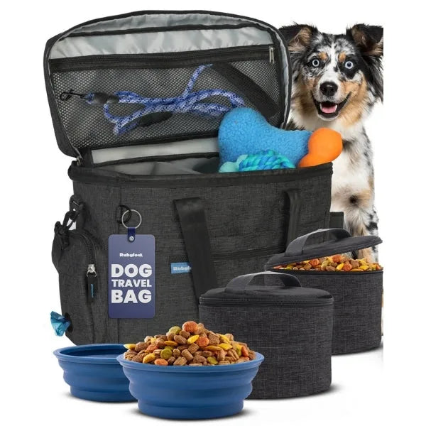 The Original Doggy Bag™ in charcoal features an open compartment with collapsible bowls, insulated containers, and a toy,...