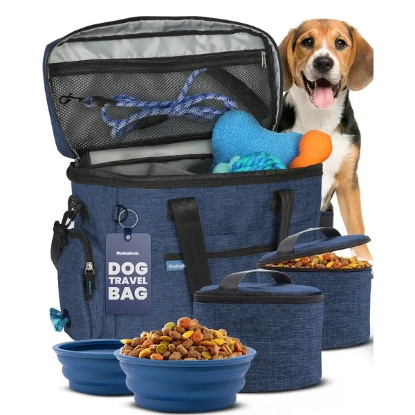 Navy dog travel bag with food containers, collapsible bowls, and a toy, alongside a happy beagle.
