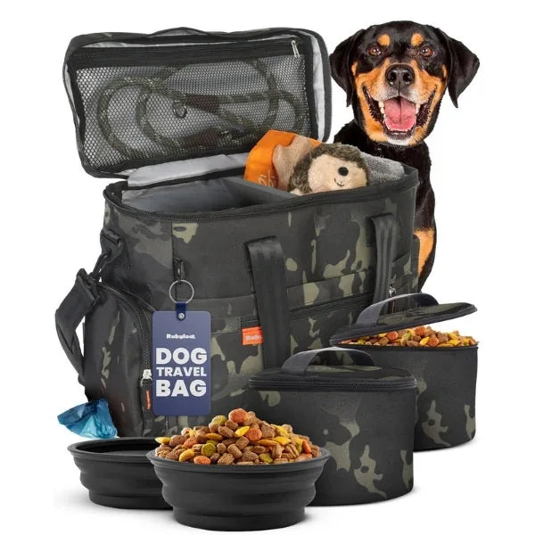 Camo-patterned dog travel bag with collapsible bowls and food containers, featuring a happy dog in the background.