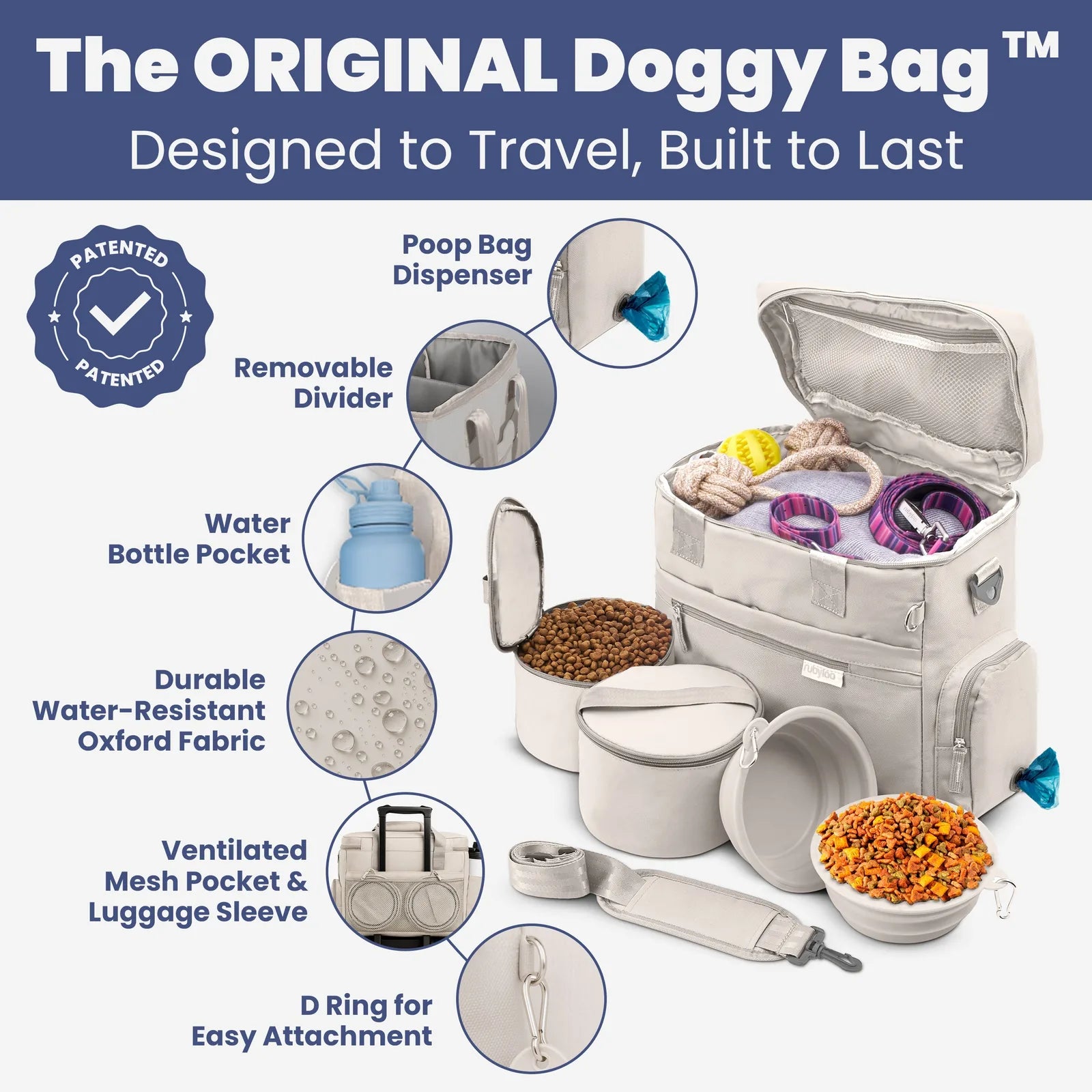 Light grey dog travel bag with pockets, collapsible bowls, and a poop bag dispenser, made from water-resistant material.