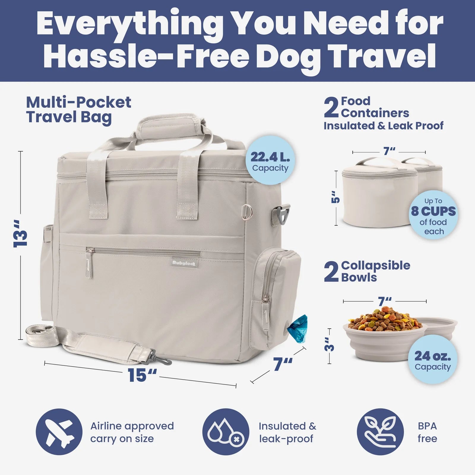 Multi-pocket beige dog travel bag with collapsible bowls, insulated food containers, and a poop bag dispenser.
