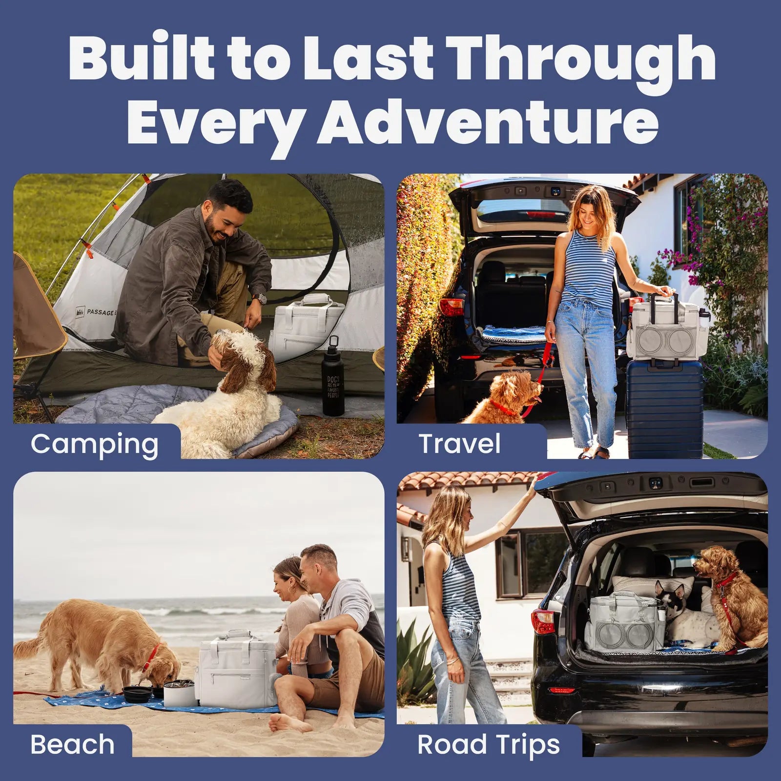 Practical dog travel bag in use, featuring collapsible bowls and containers, ideal for camping, beach, and road trips.