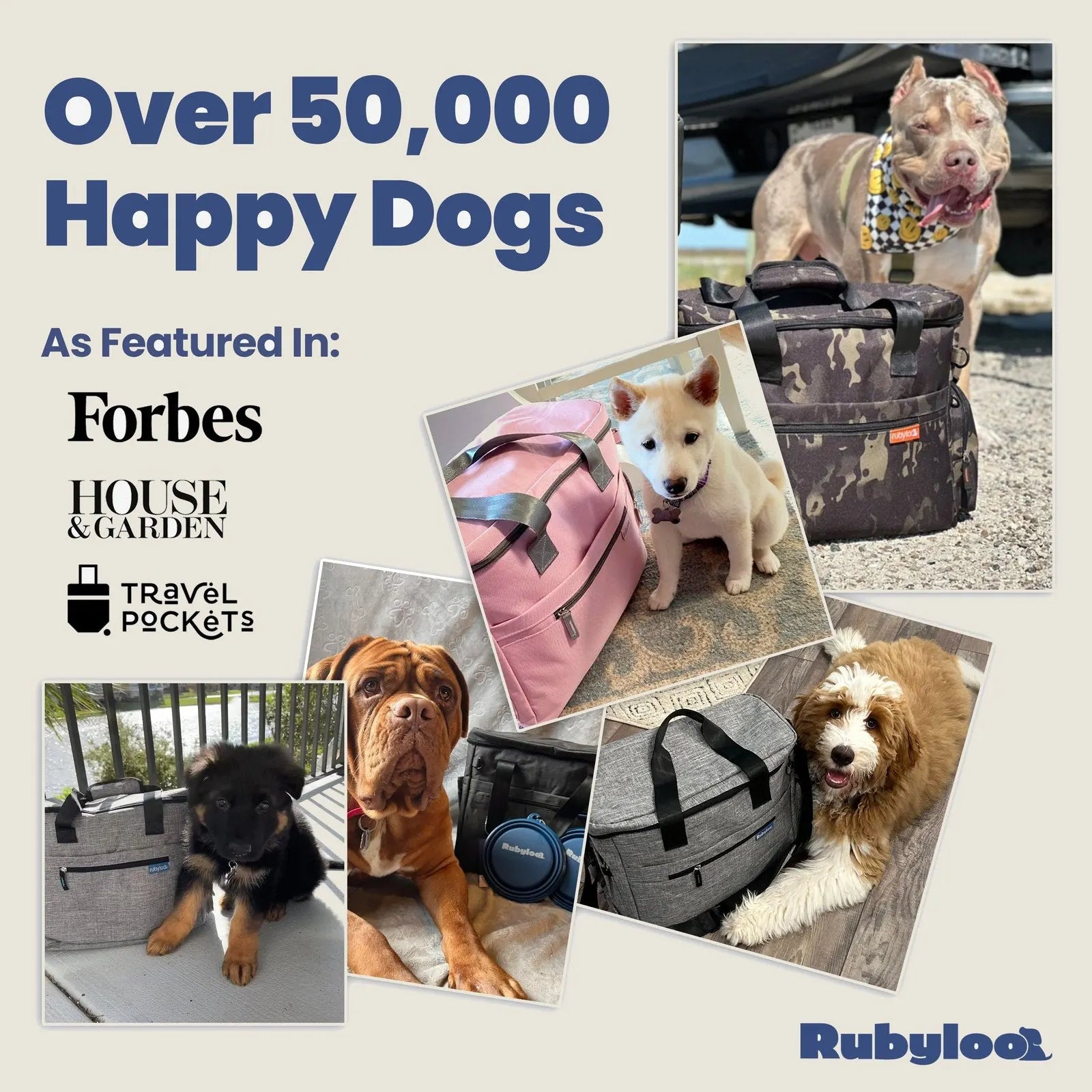 Collage featuring various dogs with The Original Doggy Bag™ in grey, camo, and pink, showcasing practical dog travel solut...