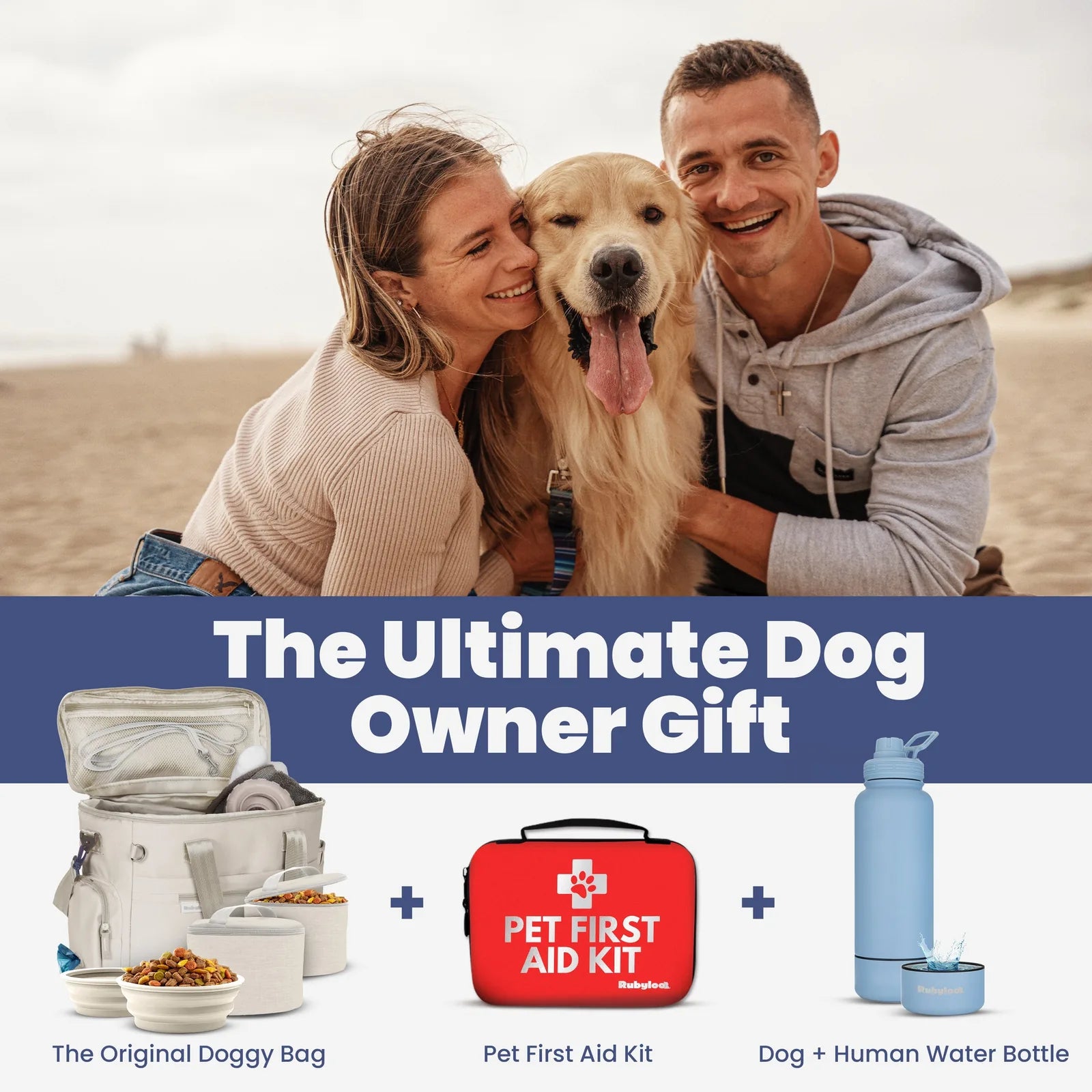 A couple smiles with a golden retriever on the beach, featuring The Original Doggy Bag with food containers and a first ai...