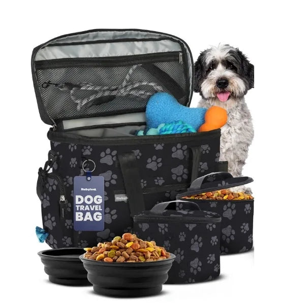The black dog travel bag features paw print designs and stores collapsible bowls, food containers, and toys, with a dog be...