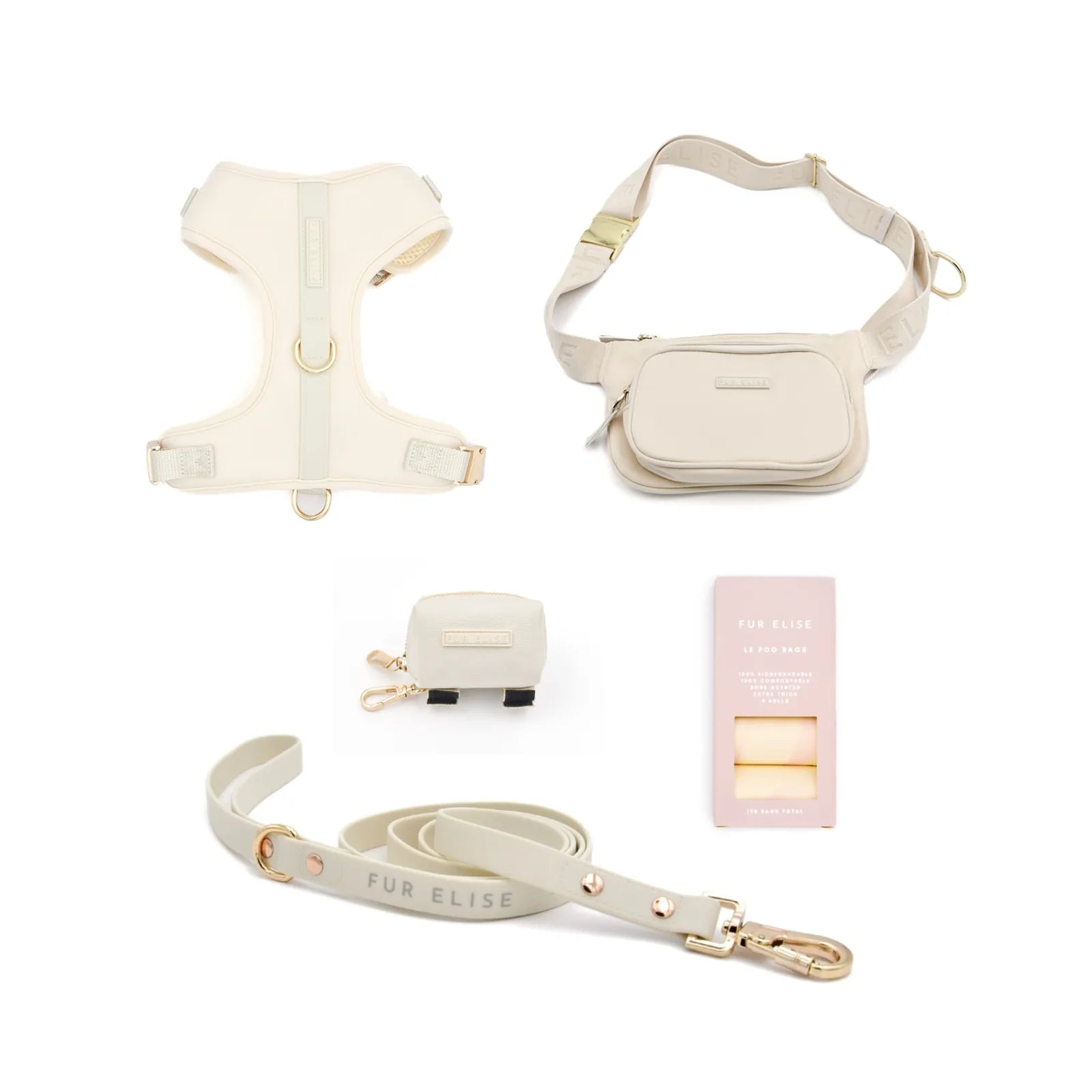 Neoprene harness, leash, and pouch in light beige with gold accents, part of the Elise Galleria dog walking set.