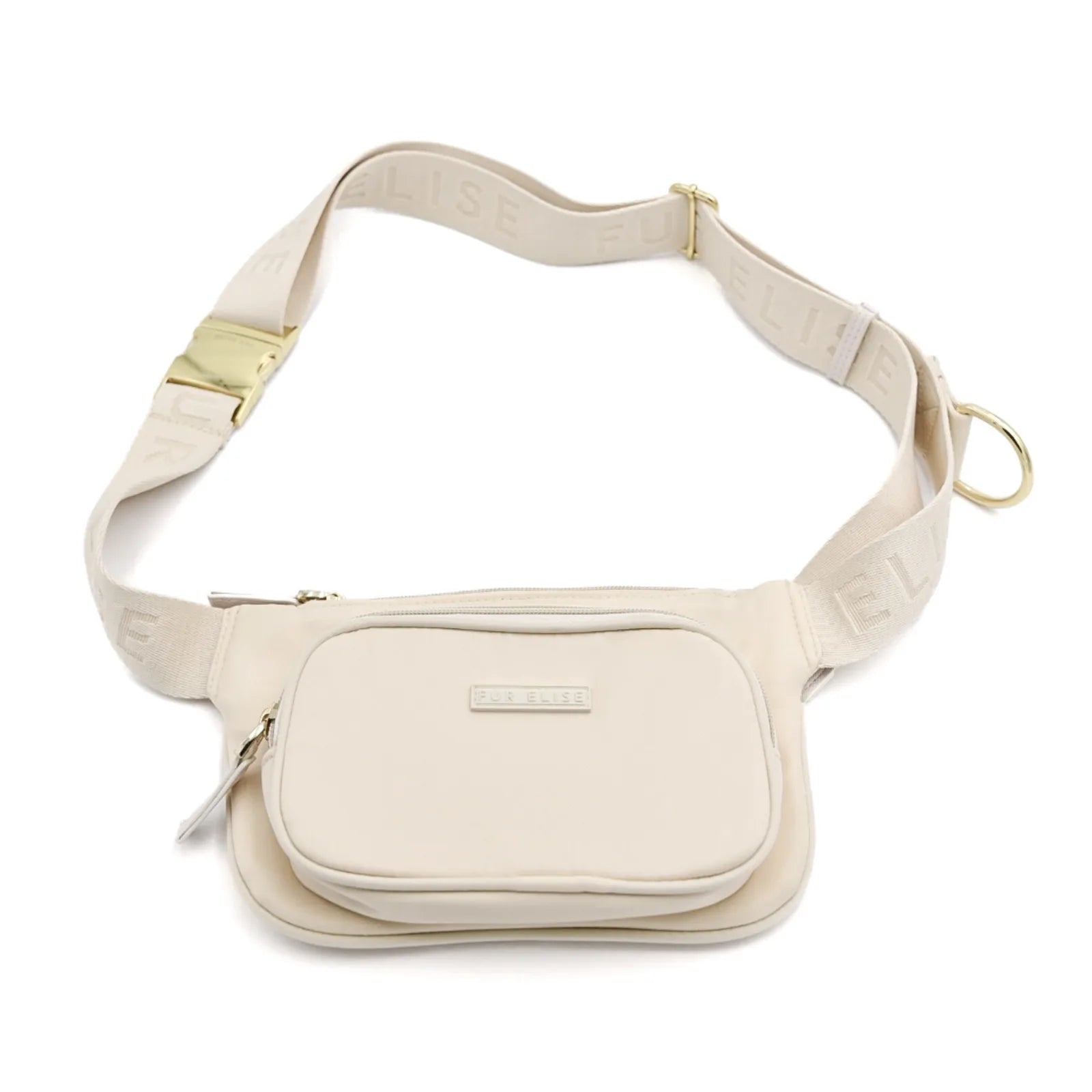 Beige Elise Belt Bag featuring multiple compartments and a gold carabiner clip for dog walking convenience.