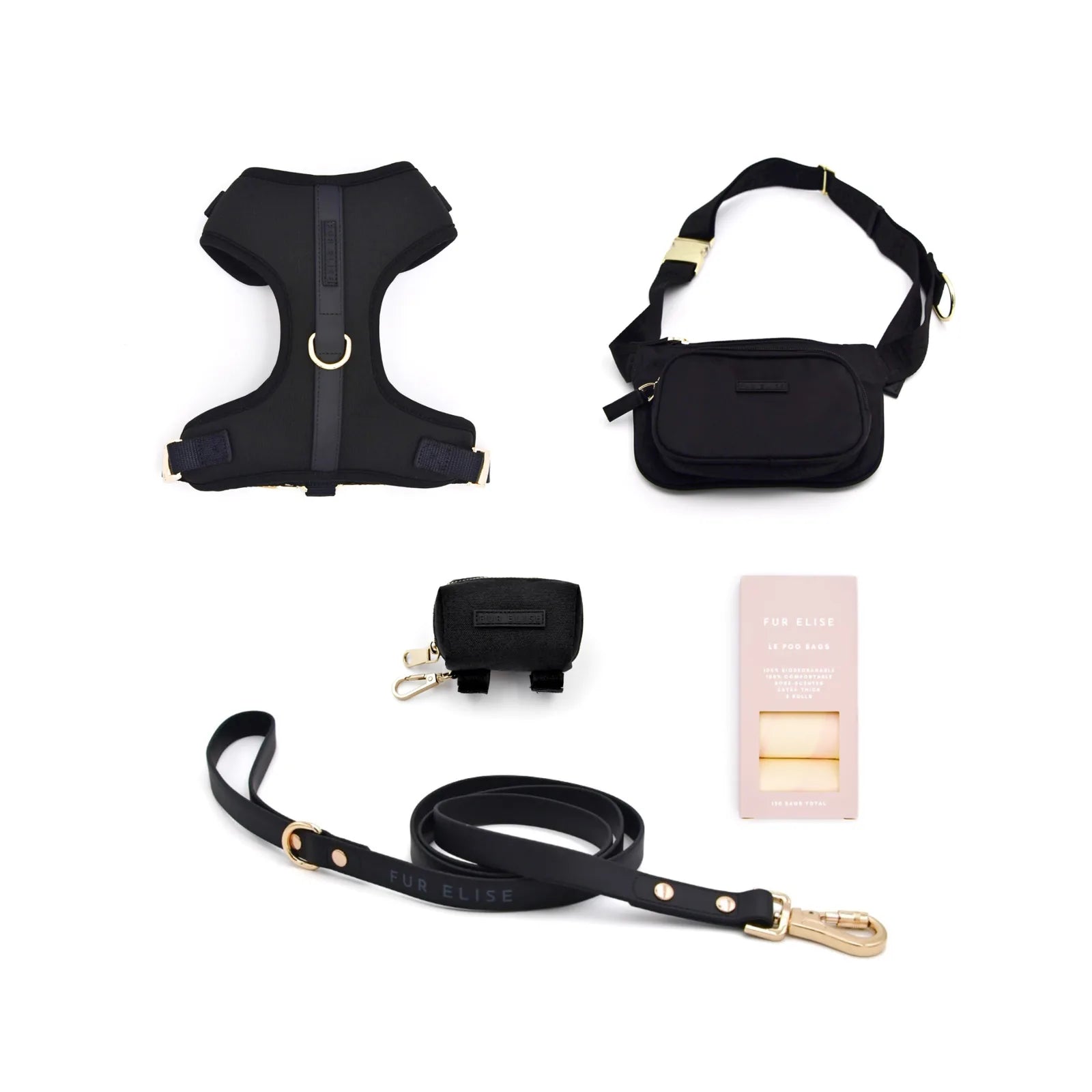 Black neoprene dog harness, leash, belt bag, and poo pouch, featuring gold accents and a modern design.