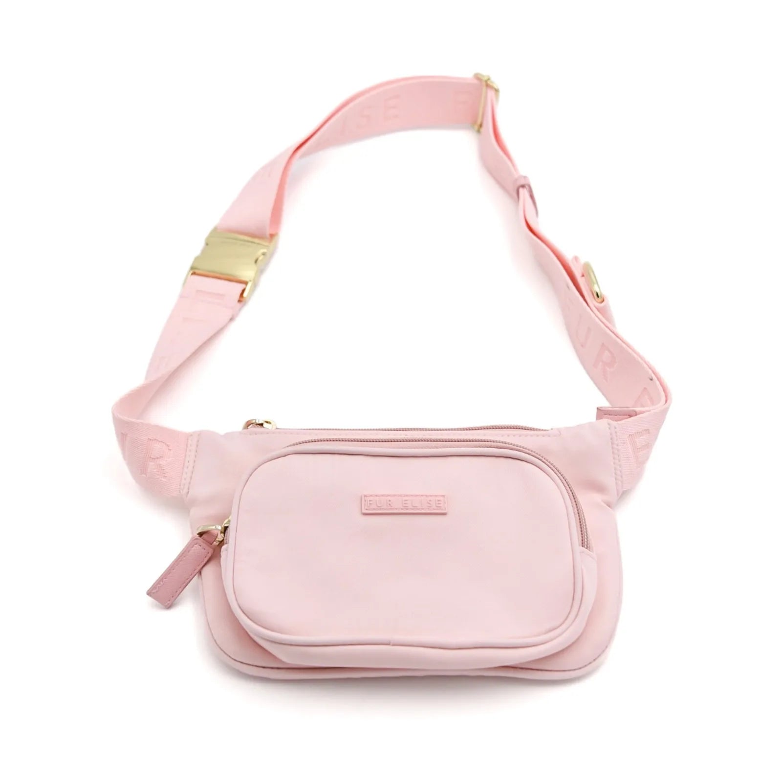 Rose-colored Elise Galleria belt bag featuring a sleek design with multiple compartments and a gold clip for secure wear.