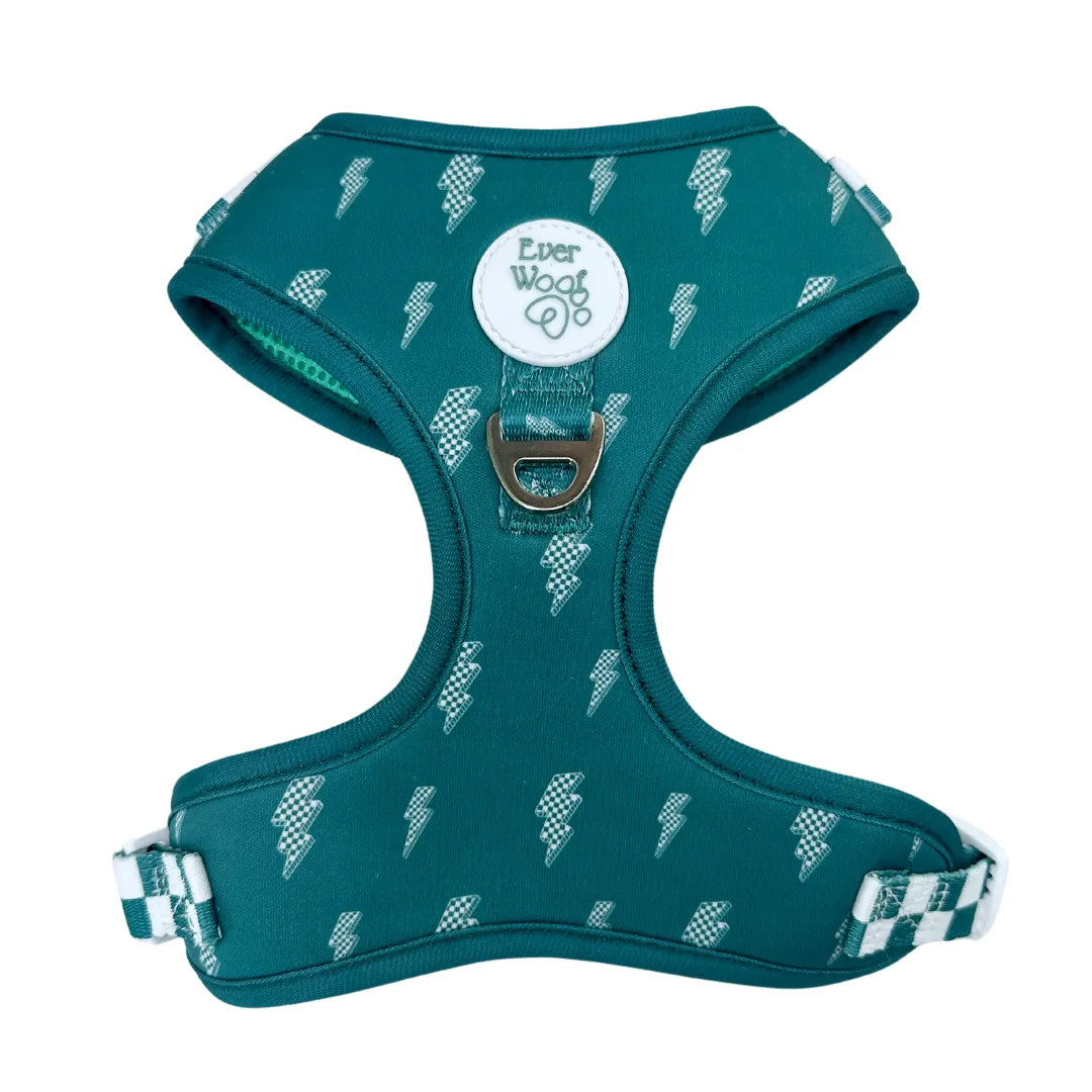 Thunderstruck Adjustable Harness in teal with lightning bolt pattern, crafted from soft neoprene for comfort during walks.