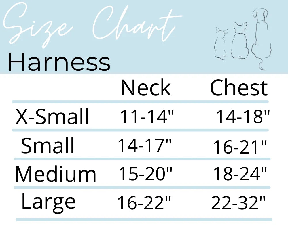 Size chart for Thunderstruck Adjustable Harness by EverWoof, detailing neck and chest measurements for X-Small to Large.