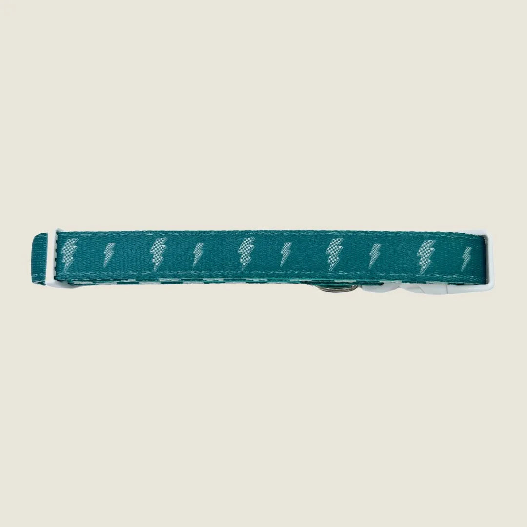 Thunderstruck teal collar with lightning bolt pattern and adjustable buckle for dogs, featuring durable polyester material.