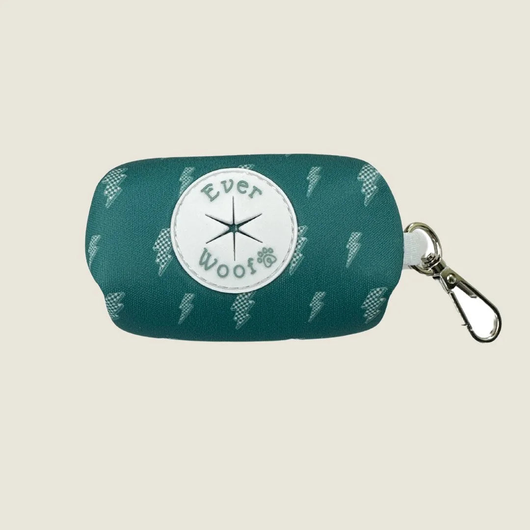 Turquoise neoprene waste bag holder with lightning bolt pattern and a zinc alloy swivel hook by EverWoof.