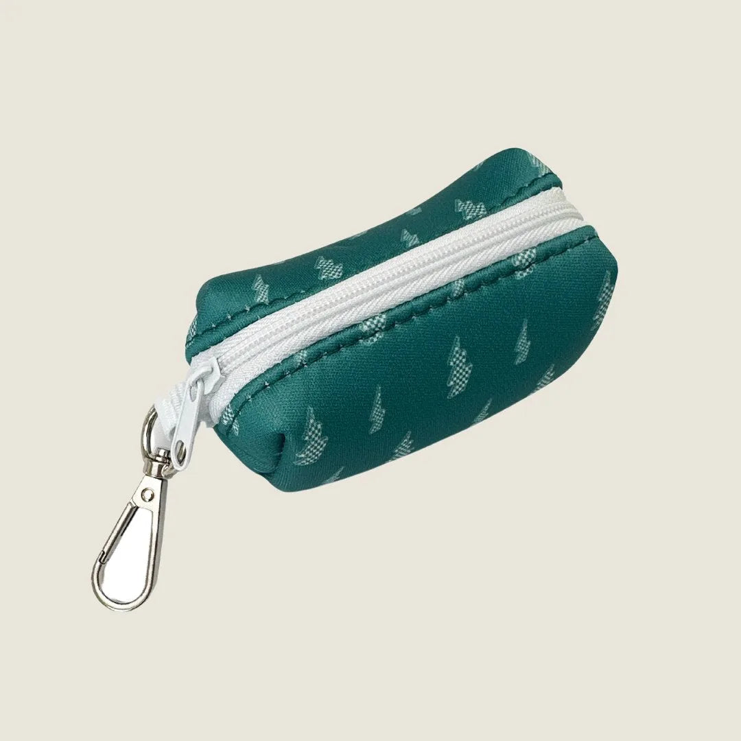 Thunderstruck Waste Bag in teal neoprene with white lightning bolt pattern and a zinc alloy swivel hook for easy attachment.