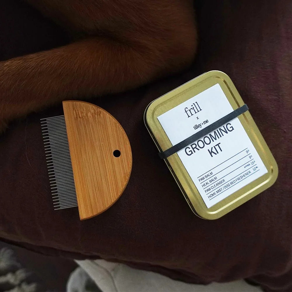 Bamboo flea detangler comb beside a labeled grooming kit on a dark surface, ideal for pet grooming sessions.