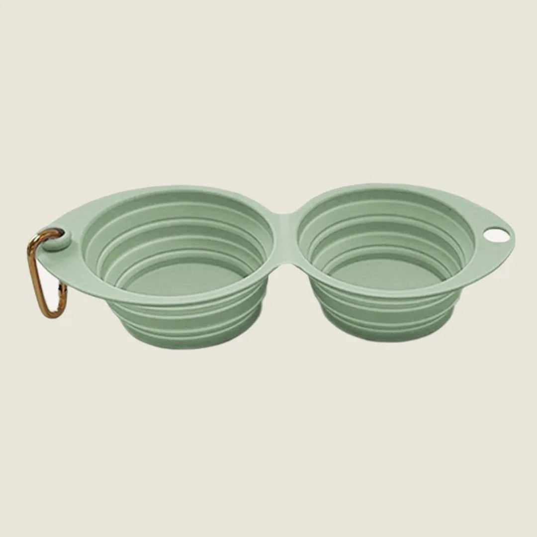 Mint green collapsible double pet bowl with two compartments and a clip for travel convenience.