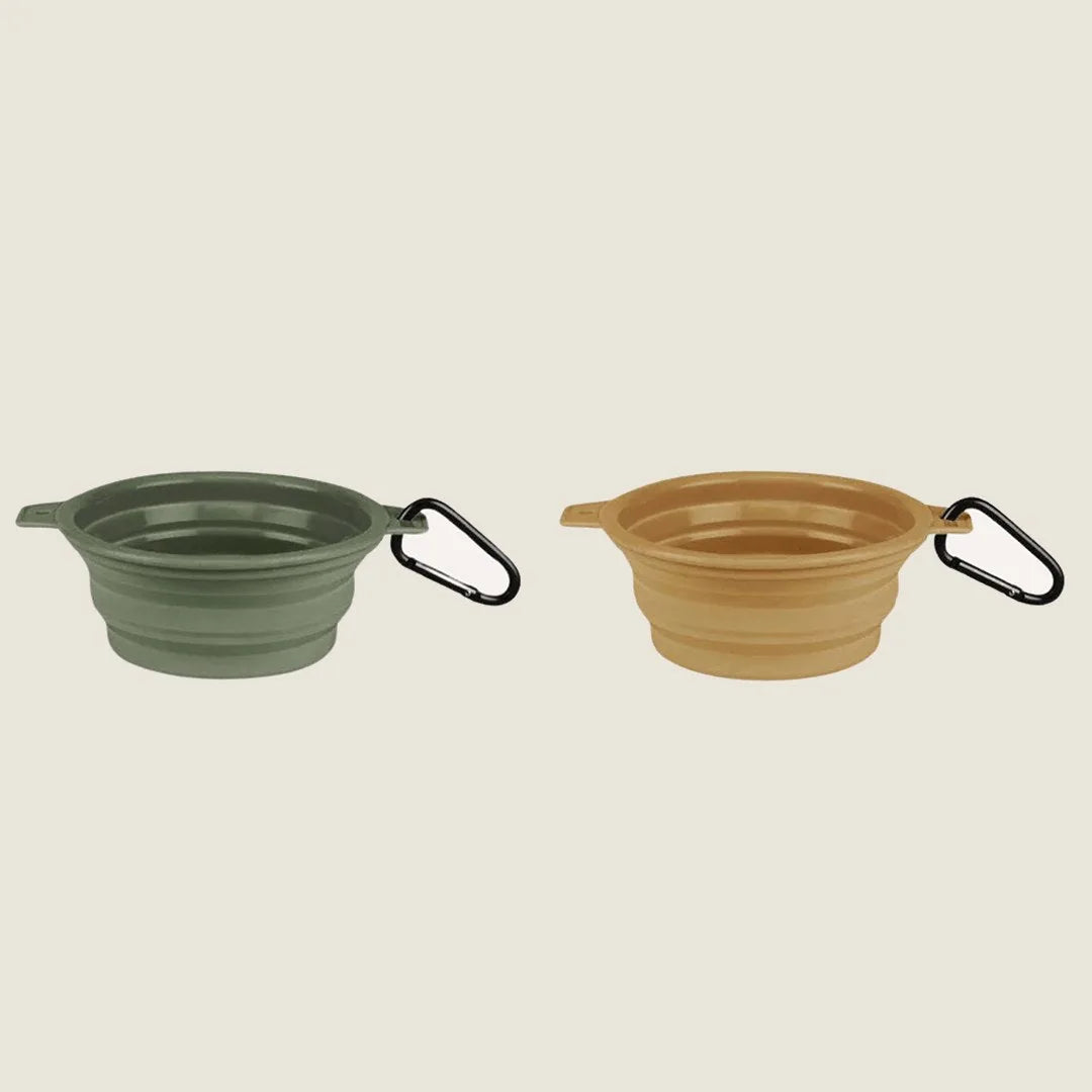 Collapsible travel pet bowls in Cactus Green and California Poppy, featuring clips for easy attachment.