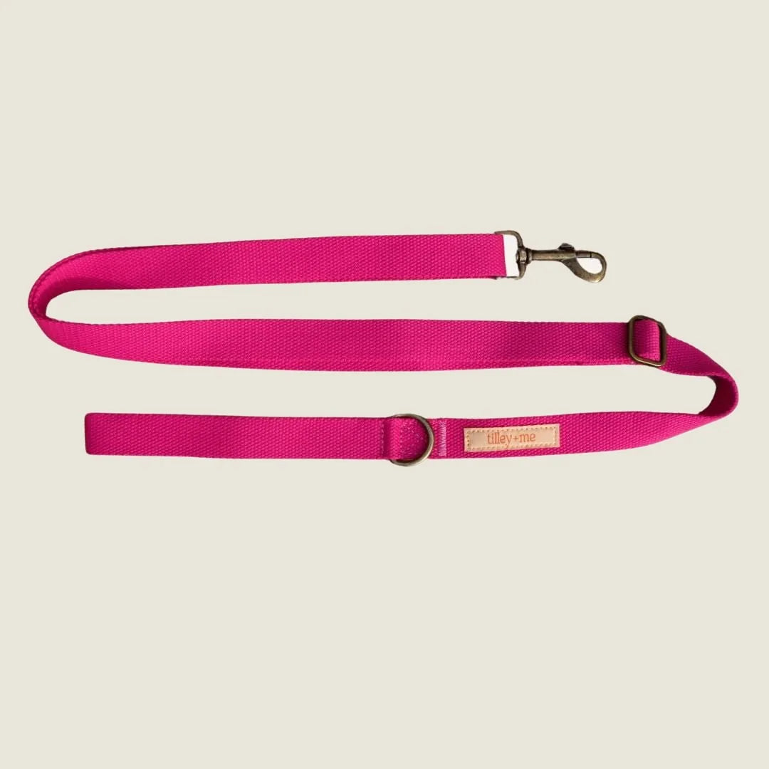 Viva Magenta hemp cotton dog leash by Tilley + Me, featuring a durable, lightweight design with adjustable length.