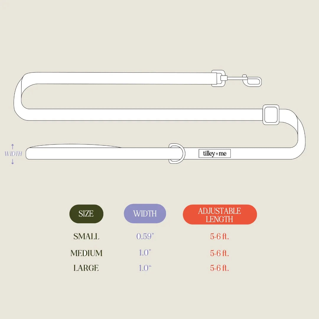 Adjustable Tilley + Me hemp cotton dog leash in soft Malibu color, featuring a durable design and multiple size options.