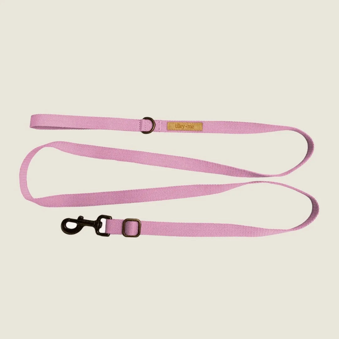 Soft pink hemp cotton dog leash with adjustable features and a sturdy clip, perfect for walks.