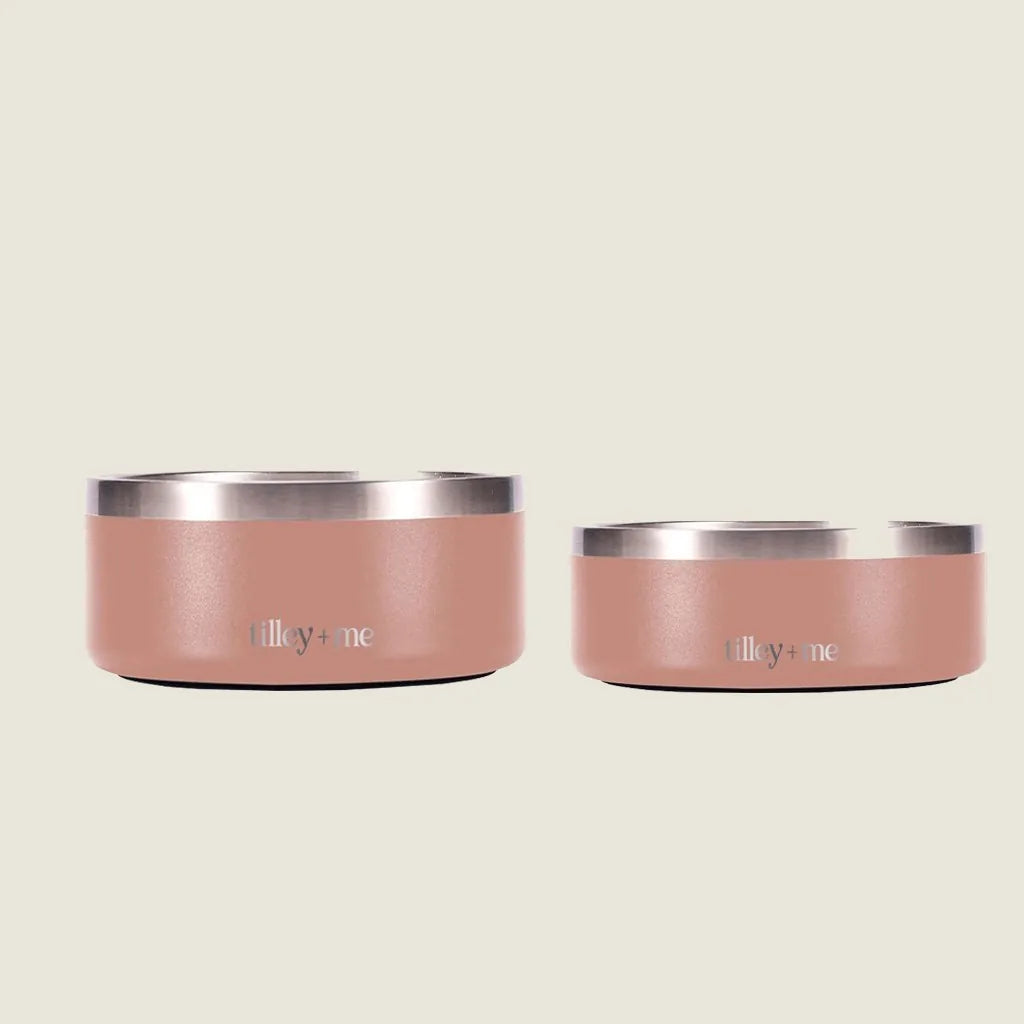 Terracotta Rose stainless steel pet bowls in two sizes, featuring a durable non-slip base and modern design.