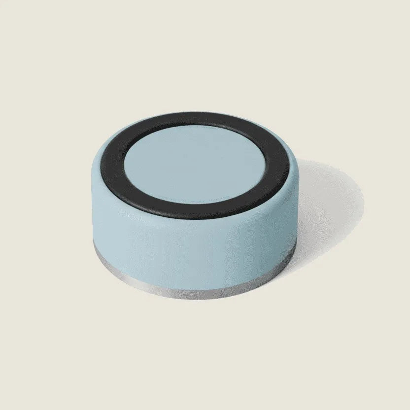 Sky Agave stainless steel pet bowl with non-slip base, featuring a light blue exterior and black rim, designed for dogs.