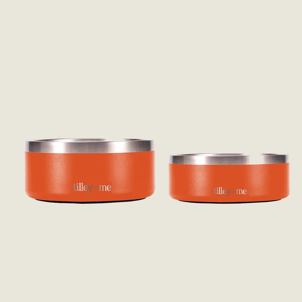 Stainless steel pet bowls in Terracotta Rose with non-slip bases, available in 32oz and 64oz sizes.