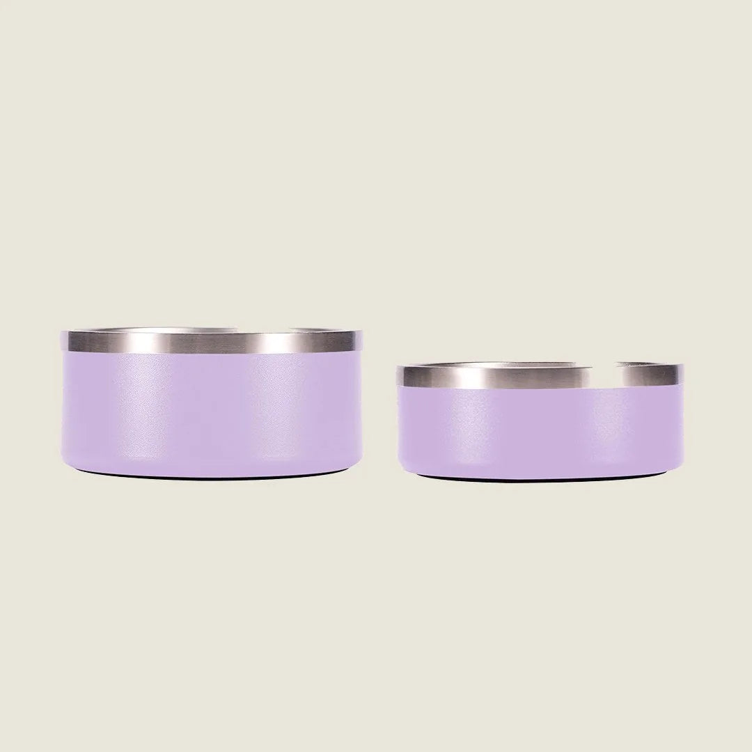 Lilac stainless steel pet bowls in two sizes, featuring a non-slip base and sleek design for easy feeding.