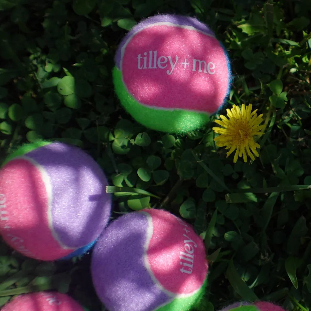 Colorful Tilley + Me tennis balls in pink, green, and purple lying on grass, with a yellow flower nearby.