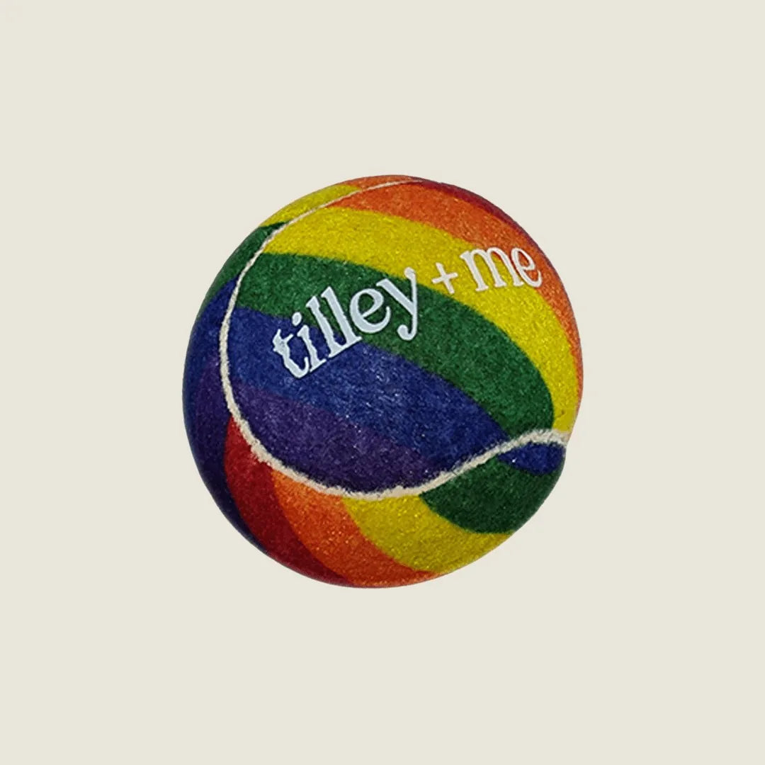 Colorful Tilley + Me tennis ball featuring a vibrant rainbow design, perfect for dogs to fetch and play.