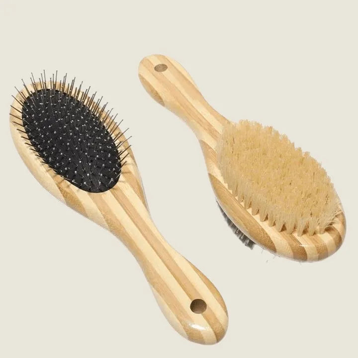 Two-sided bamboo pet brush featuring fine wire pins and natural bristles for detangling and shedding.