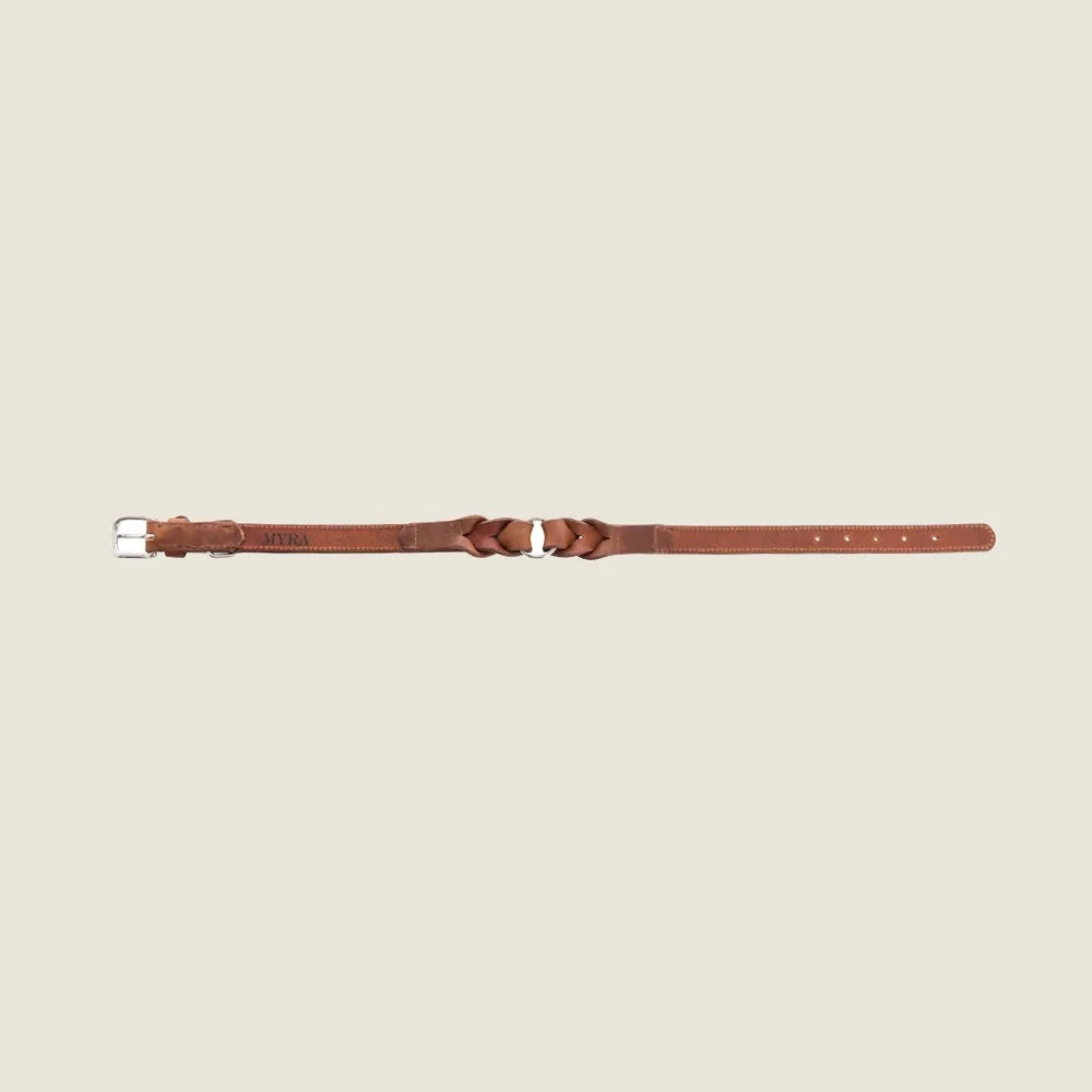 Brown leather dog collar featuring braided detailing and a metal clasp for easy adjustments.