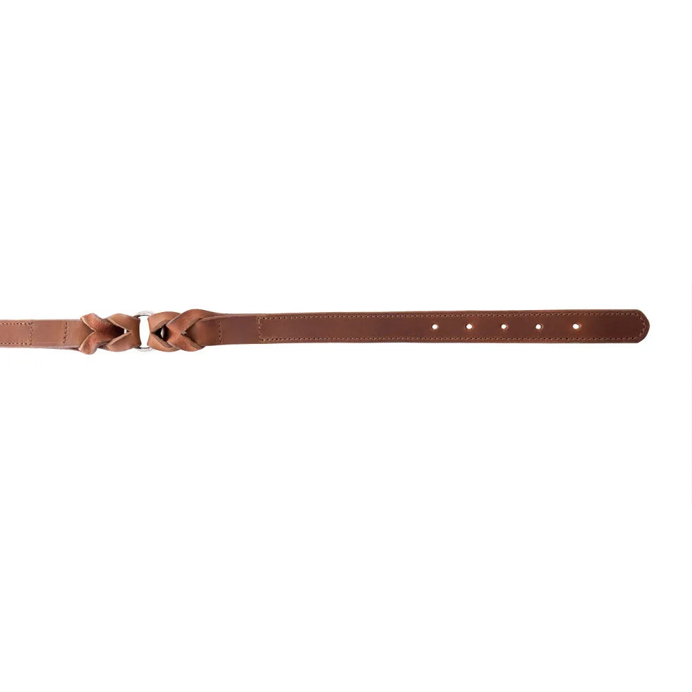 Braided chocolate leather dog collar with a metal clasp and adjustable length for comfort and style.