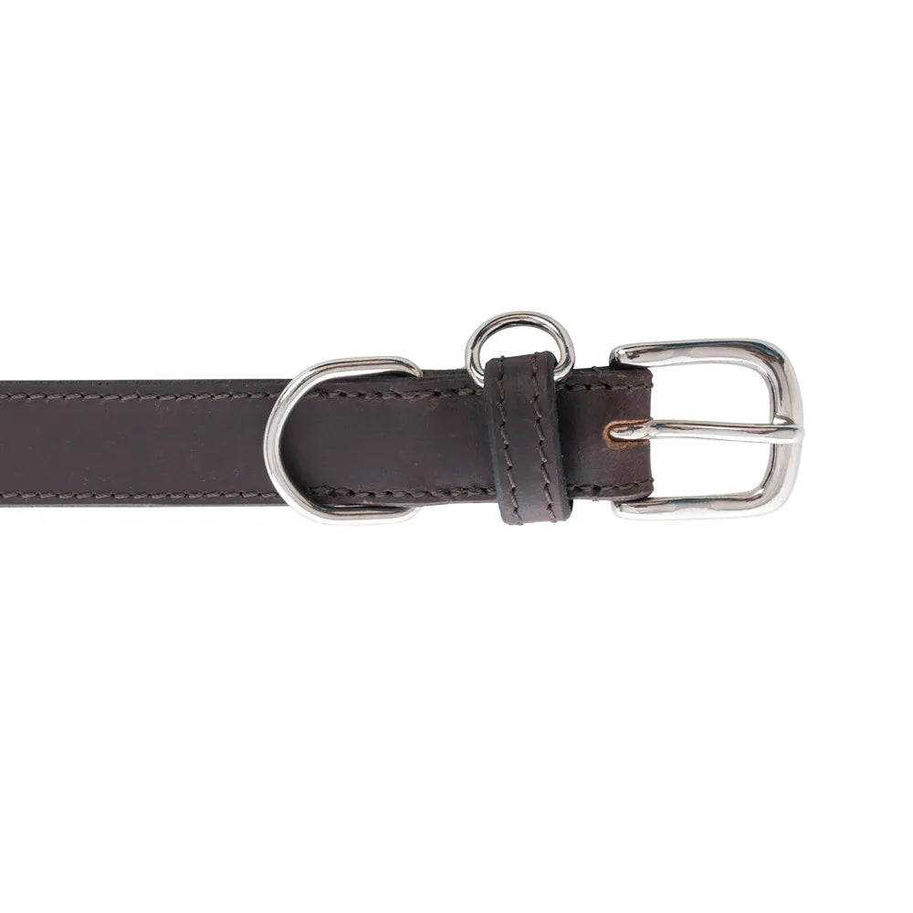 Ebony leather dog collar with braided detailing and silver iron clasp, designed for adjustable fit between 14-24 inches.