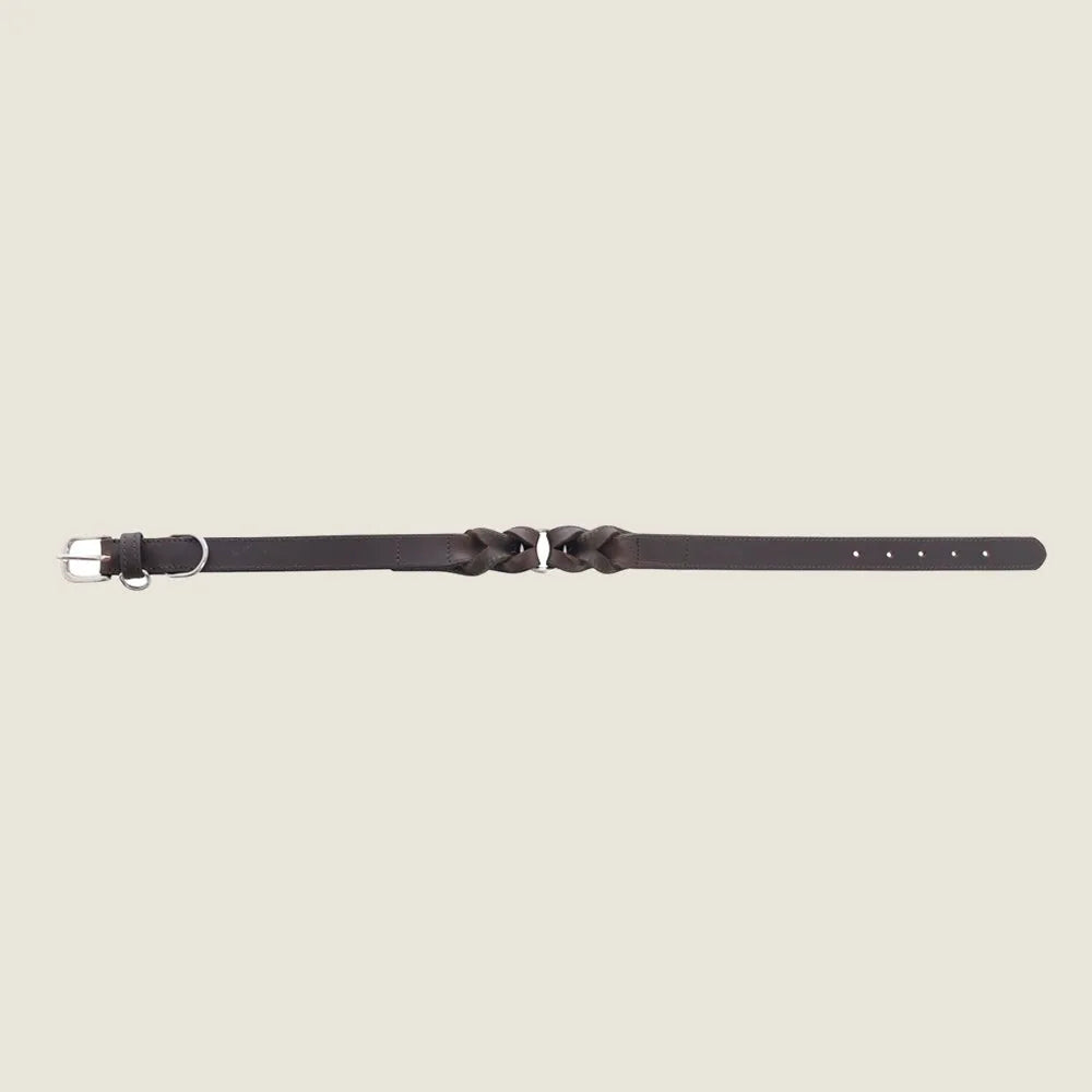 Braided ebony and dark brown leather dog collar with an adjustable length and silver hardware for secure fit.