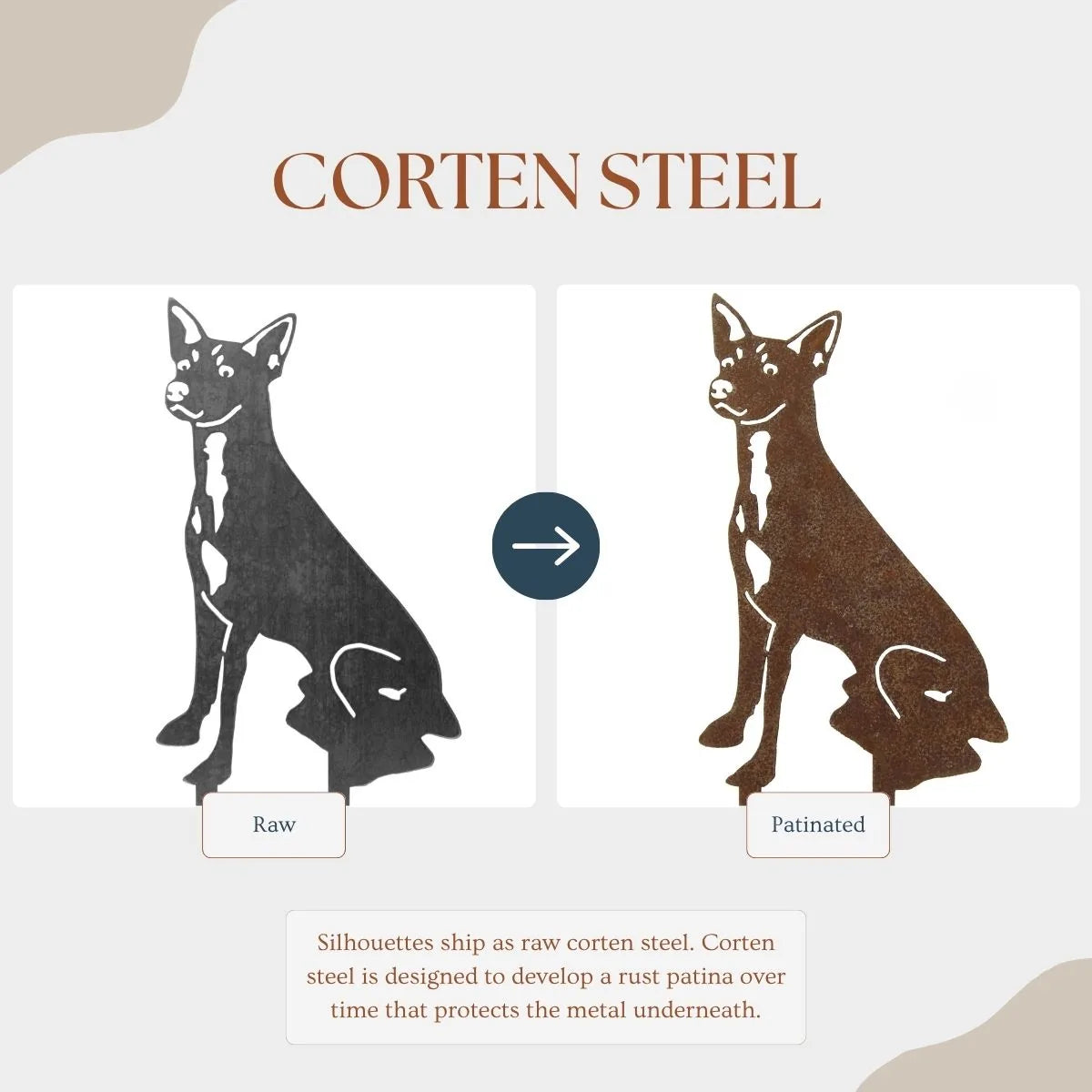Toy Fox Terrier metal silhouette showcasing raw Corten steel on the left and its patinated finish on the right.