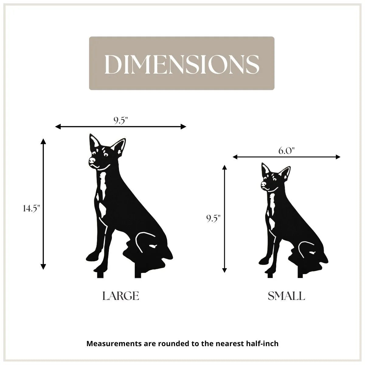 Dimensions chart for Toy Fox Terrier metal silhouette, featuring black designs for large and small sizes.