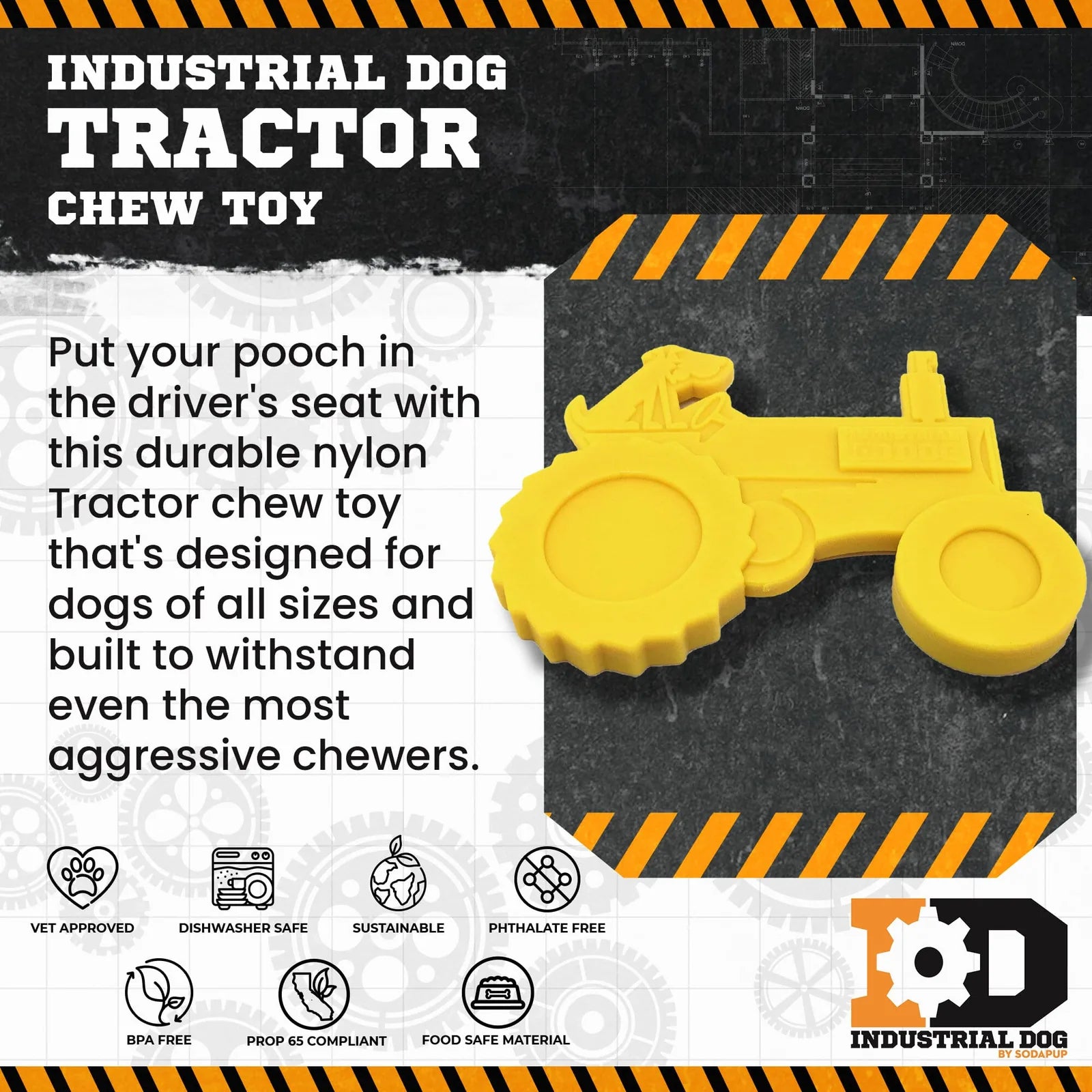 Durable yellow tractor-shaped chew toy made from tough nylon, designed for aggressive chewers and dental health.