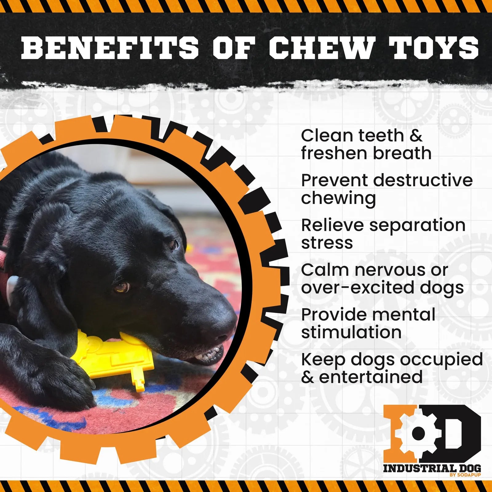Black dog chewing a yellow tractor-shaped nylon toy, highlighting its fun design and durable material for aggressive chewers.