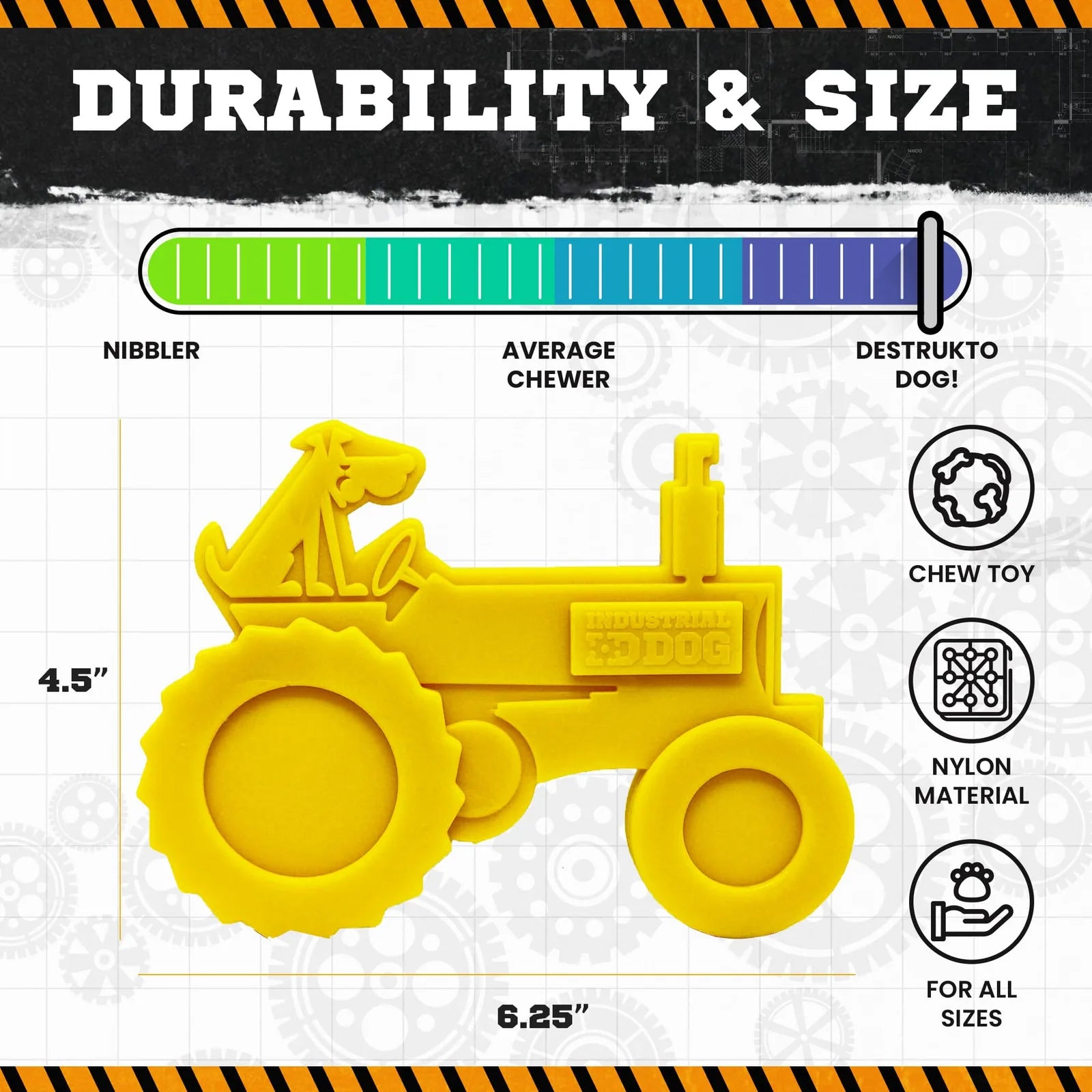 Bright yellow tractor-shaped chew toy made of durable nylon, measuring 6.25" long and 4.5" tall for aggressive chewers.