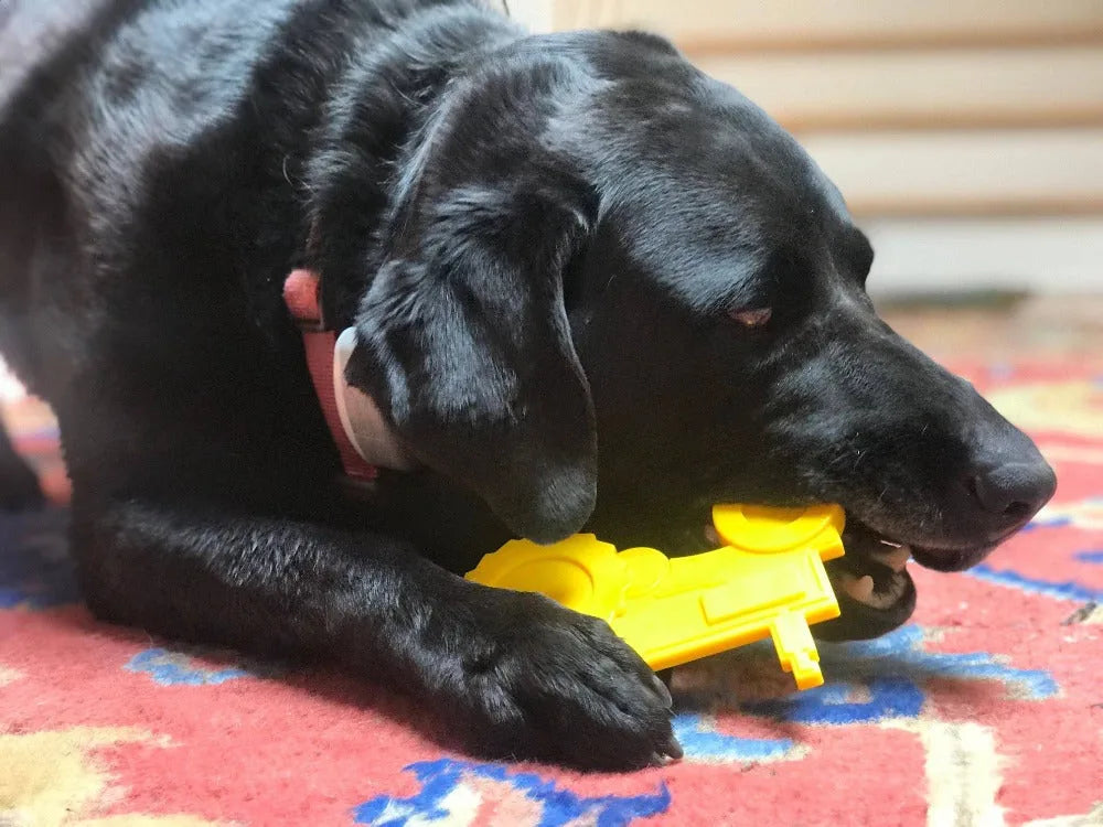 Black dog chewing on a durable yellow tractor-shaped nylon toy on a colorful rug, perfect for aggressive chewers.