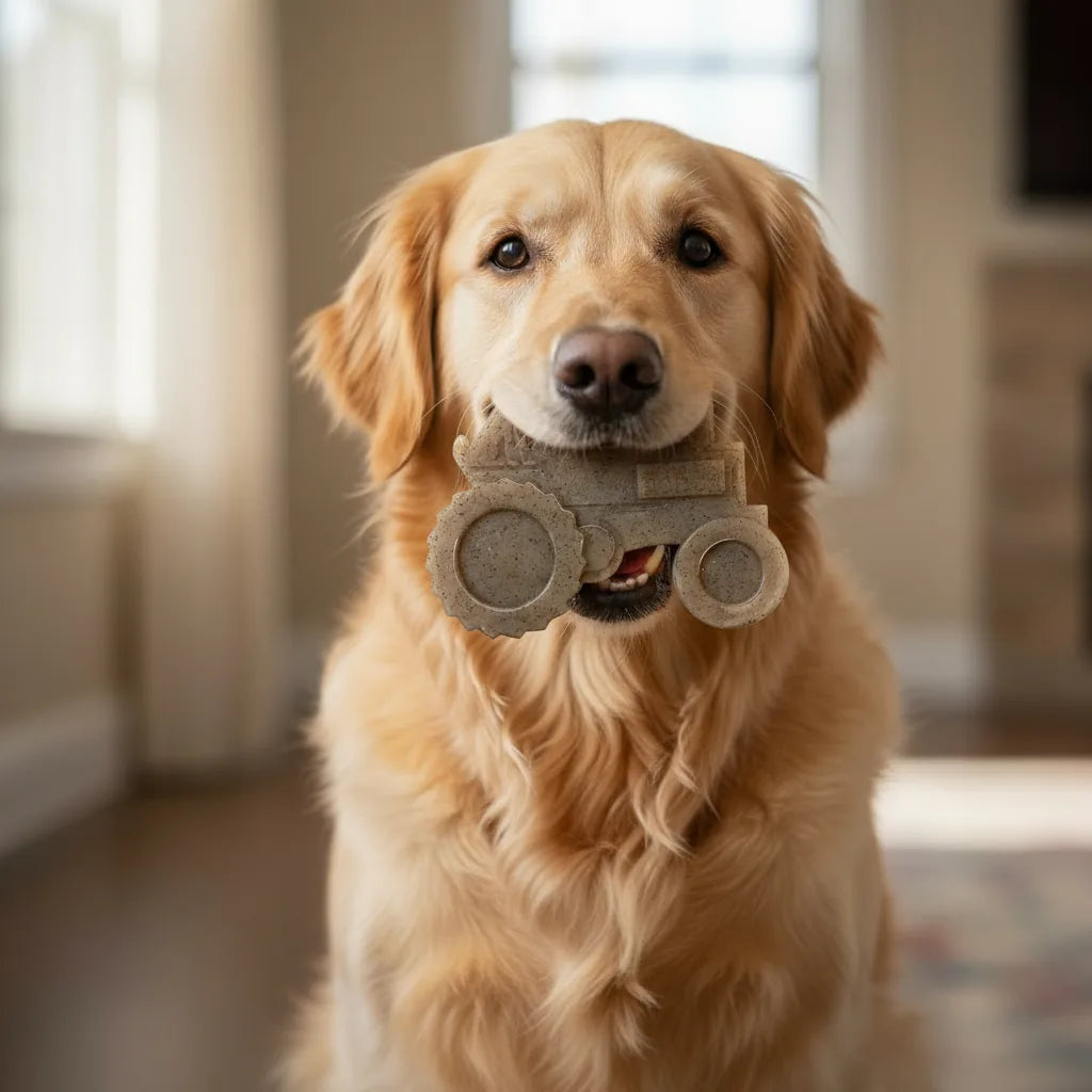 Golden Retriever holding a beige tractor-shaped nylon dog toy, ready for play in a cozy indoor setting.