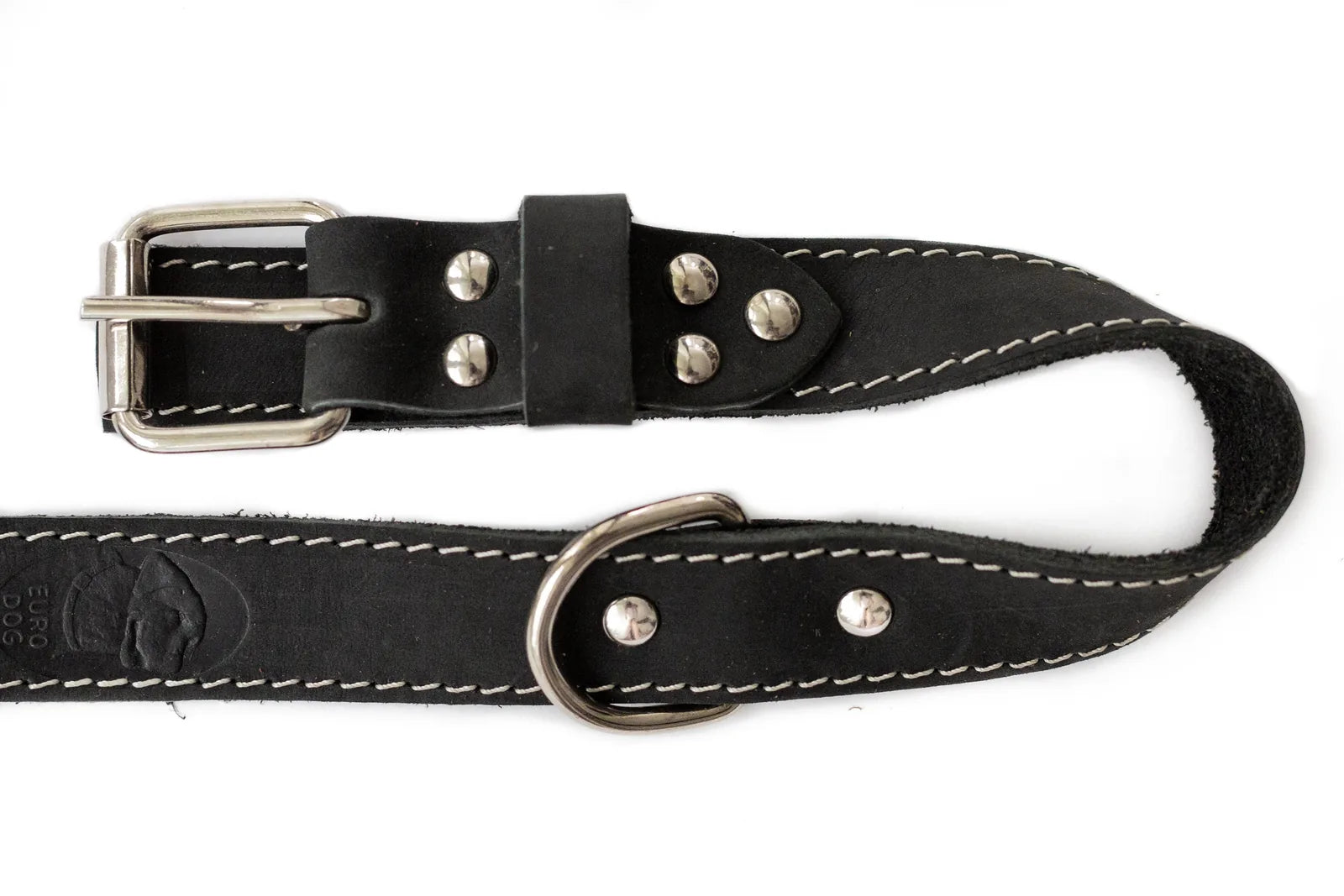 Traditional black leather dog collar with silver studs, white stitching, and a metal buckle by Euro-Dog Collars and Leads.