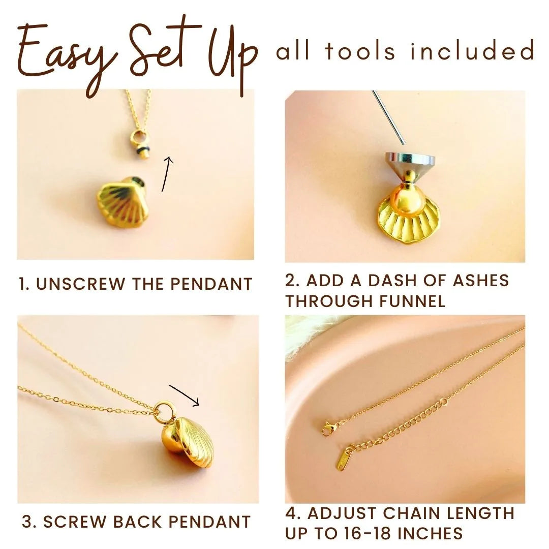 Gold cremation necklace for pets with a shell-shaped pendant, showcasing easy assembly steps including chain adjustment.
