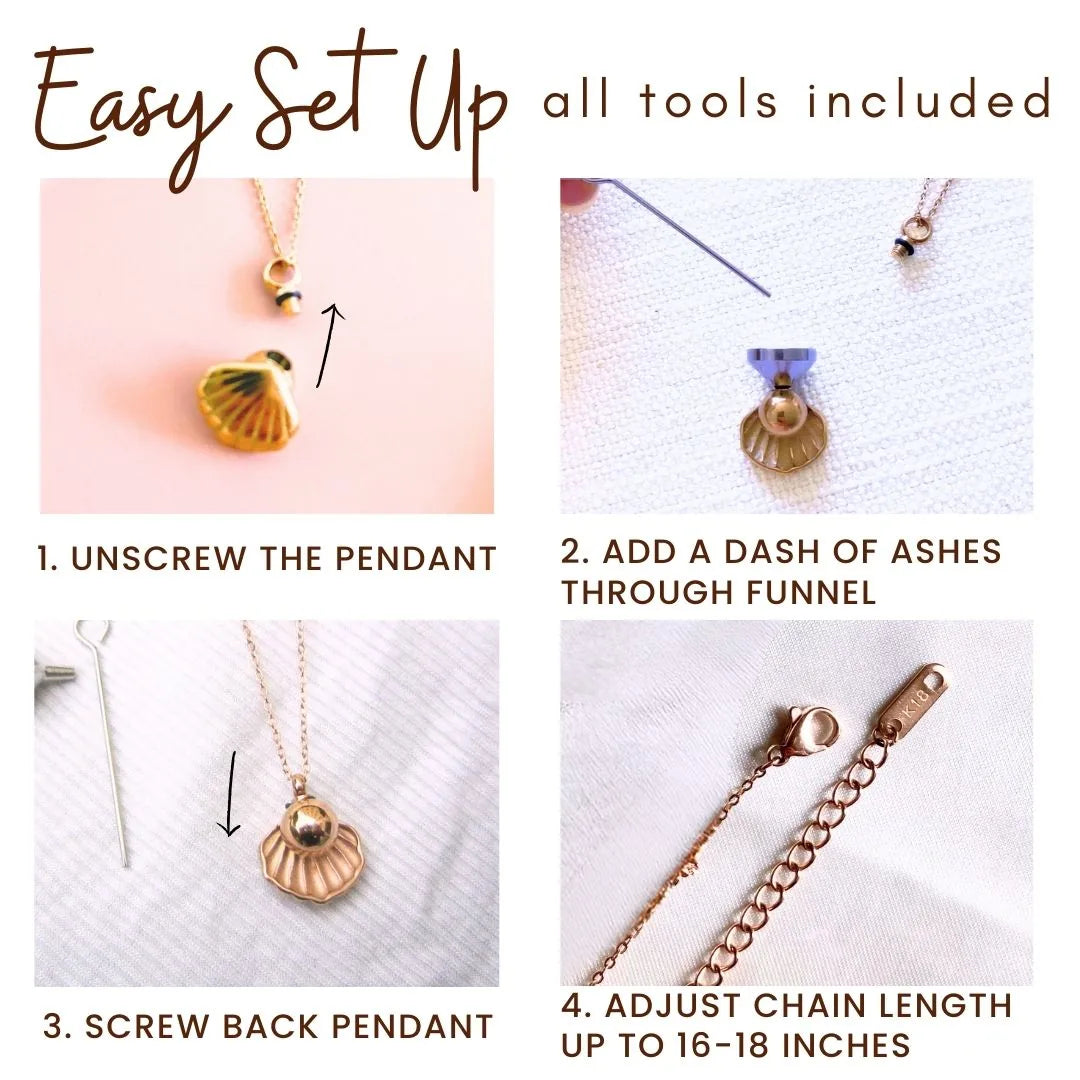 Rose gold cremation necklace with a shell-shaped pendant, designed to hold pet ashes, featuring a high-polish finish.